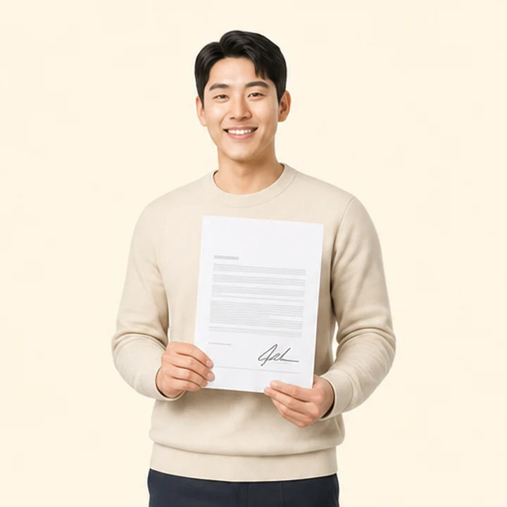 기아 레이 저신용장기렌트카 서면 견적서를 들고 있는 고객